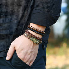 4pcs/set Vintage Punk Men Leather Bracelet Cuff Rope Wodden Beads Bangles Bracelets Brown Color Unisex Jewelry 2024 - buy cheap