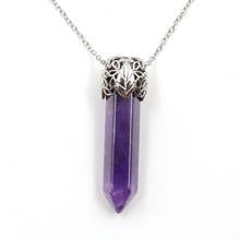 Silver Plated Leaf Hexagon Column Amethysts Stone Pendant Rose Pink Quartz Necklace Link Chain Jewelry 2024 - buy cheap