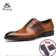 Phenkang Oxford-zapatos de cuero genuino para hombre, Punta puntiaguda con cordones, Oxford, Brogues de vestir, boda, negocios 2024 - compra barato