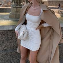 Women Elegant Streetwear Wild Wrapped Hip Mini Dress Solid Color Long Sleeve Square Collar Pleated Skinny Slim Dress for Spring 2024 - buy cheap