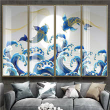 Mural de tinta azul para pared, papel tapiz chino con pulverizador de líneas de agua, olas, amanecer y pescado, 3D, decoración Industrial de restaurante Sushi, papel de pared 3D 2024 - compra barato