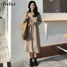 Jielur Sweater Dress Women Chic Korean Style New Fashion Warm Knitted Dresses Vintage Khaki Black Vestidos Casual V-neck Vestido 2024 - buy cheap