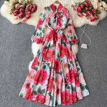 Vestido largo bohemio de Chifón con estampado floral para mujer, maxivestido elegante de cintura alta con lazo para playa 2024 - compra barato