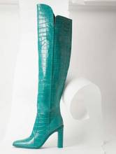 Bota de couro estampa de crocodilo azul, sexy, bico fino, salto quadrado, botas acima do joelho, moda de inverno, botas altas com zíper 2024 - compre barato