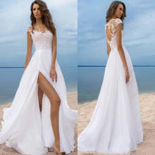 Bohemian Wedding Dress 2021 A-Line Side Slit Cap Sleeve Lace Appliques Backless Sweep Train Bride Gown Beach Vestidos De Noiva 2024 - buy cheap