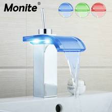 Monite Waterfall LED Bathroom Basin Faucet Solid Brass Deck Mounted Sink Tap Chrome W/ Glass Spout Mixer Tap 1 Handle Faucet 2024 - buy cheap