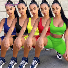 Conjunto esportivo feminino neon, roupa de treino casual neon sem alças gola em v, calças curtas, conjunto com duas peças 2024 - compre barato