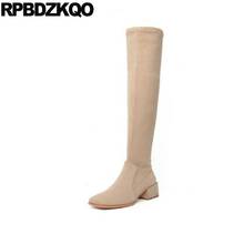 Stretch Knee High Over The Sexy Shoes Long Vintage Square Toe Winter Tall Real Leather Suede Slim Thigh Women Boots Chunky Fur 2024 - buy cheap