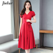 Jielur V-neck Women Dress Solid Color Summer Dress Red A-line Slim New Short Sleeve Chic Dresses High Waist Elegant Vestidos 2024 - buy cheap