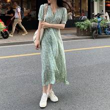 Korean Style Dresses Women V-neck Puff Sleeve Floral Fresh Sweet Empire Girls Chic New Arrival Holiday Vestido Female Summer 2024 - buy cheap