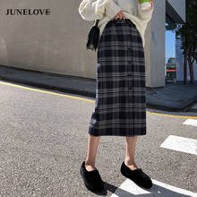 JuneLove Women Winter Plaid Midi Skirts Vintage High Waist Female Straight Skirts Casual Street Wear Lady Single Breasted Bottom 2024 - buy cheap