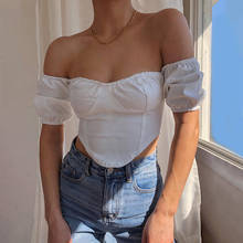 Verão vintage blusa camisas femininas fora do ombro manga curta puff colheita topos cor sólida sexy elegante blusas casuais topos feminino 2024 - compre barato