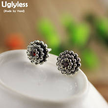 Uglyless-pendientes de plata de primera ley con forma de flor para mujer, aretes pequeños, plata esterlina 925, marcasita, granate, E1707 2024 - compra barato