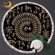 BlessLiving Egyptian Black Gold Round Beach Towel Ancient Art Adult Large Towel Retro Circle Blanket Cover With Tassel 150cm 2024 - buy cheap