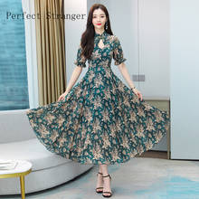 High Quality 2021Summer New Arrival  Cheongsam Stand Collar Flower Printed Short Sleeve Women Chiffon Long Dress  M-3XL 2024 - buy cheap