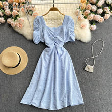 Summer Fashion Casual Streetwear Elegant French Women Dress Sweet Puff Sleeve Square Collar A-line Office Dress 2024 - buy cheap