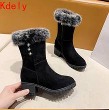 Winter Mid Calf Boots Female LPlatform Boots for Women Ace Up Flock Ladies Plush Square Mid Heels Casual Shoes Woman Footwear 2024 - buy cheap