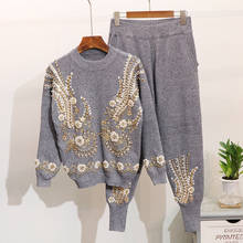 Casual Women Knitted Tracksuits Pullover Sweater And Pants 2 Piece Set Handmade Beading Sequined Woman Suits matching sets 2024 - buy cheap