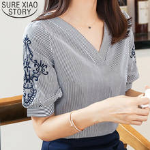 Blusas Women Tops and Blouse 2021 V Neck Chiffon Blouse Short Sleeve Shirt Striped Lady Top Embroidery Chic Women Clothing 0513 2024 - buy cheap