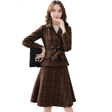 Women 2 Piece Set Woolen Skirt Autumn Winter New 2020 fashion Temperament Casual Woolen  lattice Two Piece Set Female R522 2024 - купить недорого