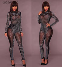 Lugentolo Sexy Jumpsuit Women's Tight Nightclub Rhinestone Bodycon Mesh Sequin Party Female Long Sleeve Fashion Jumpsuits 2024 - buy cheap