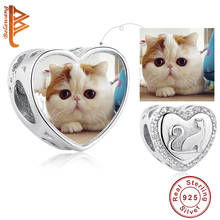 BELAWANG 100% 925 Sterling Silver Animal Cat Heart Fit Original Bracelet DIY Custom Photo Crystal Heart Beads Jewelry Making 2024 - buy cheap