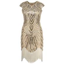 Vestido Vintage del gran Gatsby para mujer, cuello redondo, manga casquillo, cuentas de lentejuelas, borla, 1920s, Flapper, disfraces de fiesta de los 20 2024 - compra barato