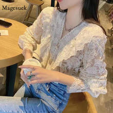 Fashion V-neck Embroidery Floral Women Tops 2021 Summer New Lace Loose Blouse Ruffle Mesh Elegant Long Sleeve Shirt Blusas 14242 2024 - buy cheap