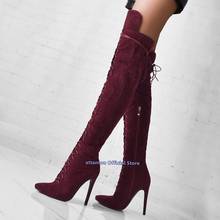 Red Black Beige Thin High Heeled Over The Knee Boots Woman Lace Up Solid Color Pointed Toe Winter Shoes Thigh High Slouch Bota 2024 - buy cheap