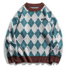 Suéter de punto a cuadros para hombre y mujer, ropa urbana de Hip Hop, de algodón, holgado, Harajuku, de gran tamaño, otoño 2024 - compra barato