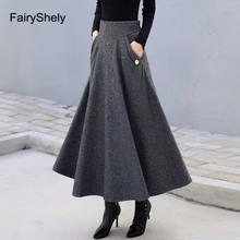 2021 Autumn Winter High Waist Tweed Skirt Women Woolen Flared Pleated Midi Skirt Vintage Plus Size Stripe Long Skirt With Pocket 2024 - buy cheap