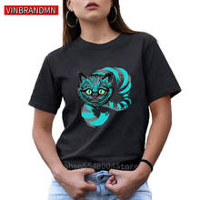 Женская футболка с изображением улыбающегося Чеширского кота, летние топы Kawaii, футболка с животными, женская модная футболка с круглым вырезом и коротким рукавом 2024 - купить недорого