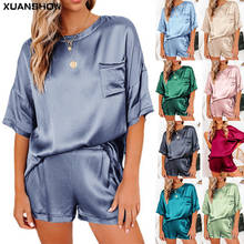 XUANSHOW Women Loungwear Solid Color Satin Pajamas Set Loose Home Wear Short Sleeves Tops and Shorts Irregular Two-piece Suit 2024 - buy cheap