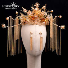 Himstory vintage coroa de casamento chinês antigo nupcial frisado luxo longo borla hairwear casamento jóias cabelo acessórios 2024 - compre barato