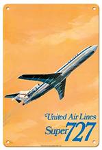 Boeing Super 727 Jet Airplane - United Airlines - Airline by C. Bail c.1969 Metal Tin Sign 2024 - buy cheap