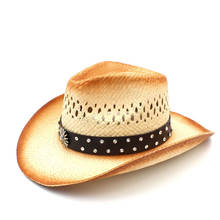Women Men Western Cowboy Hat With Punk Leather Ribbon Lady Dad Straw Beach Sun Sombrero Cap Roll Up Brim Size 58CM 2024 - buy cheap