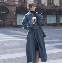 Высококачественное женское синее шерстяное пальто выше колена повседневное облегающее пальто с поясом для офиса Элегантное Длинное однобортное пальто casaco 2024 - купить недорого