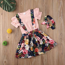 Conjunto infantil para meninas, 3 peças, manga curta, gola redonda, estampa floral, suspensórios, saias, tiara, infantil, criança, verão 2024 - compre barato