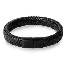 Clássico moda preto marrom trançado pulseira de couro aço inoxidável fivela magnética moda masculina pulseira punk jóias 2024 - compre barato