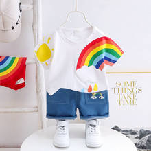 40# Toddler Kids Clothing Baby Boy Girls Cartoon Rainbow Sun Print Short Sleeve Top T-shirt Denim Shorts Two Piece Set Одежда 2024 - buy cheap