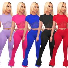 Sexy O Neck Mesh Tracksuit Two Piece Set Summer Short Sleeves Crop Tops And Long Tight Flares Pants 2 Piece Outfits For Women 2024 - buy cheap