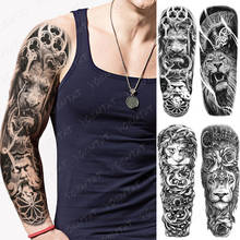 Водостойкая временная татуировка на всю руку, наклейки, часы с Львом, розой, татуировки со вспышкой, мужские чернила на бедра, боди-арт, большой имитационный рукав, тату для женщин 2024 - купить недорого