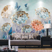 Milofi papel de parede 3d personalizado, mural 3d estéreo flor alívio borboleta amor flores sala de estar fundo decoração de parede mural 2024 - compre barato