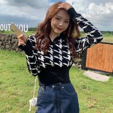 Retro plaid long-sleeved pullover Sweater Women's slim short British style sweater Female Korean feminine Houndstooth Sweater 2024 - buy cheap