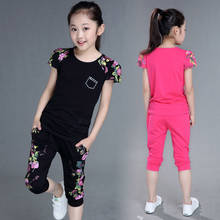 2021 NEW adolescent Children Cloth GIRL Sets Summer Sports Suit Cotton Print Short Sleeve T-shirt+pants 2pc  4 6 8 10 12 13 Year 2024 - buy cheap