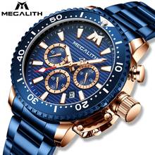 Megalith relógio azul de quartzo masculino, de aço inoxidável à prova d'água cronógrafo esporte militar 8216 2024 - compre barato