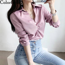 Colorfaith New 2021 Women Summer Autumn Blouses Shirts Fashionable Solid Multi Colors Satin Casual V-Neck Sexy Pink Tops BL7314 2024 - buy cheap