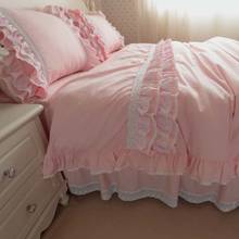 Восхитительный роскошный комплект постельного белья королевского размера с вышивкой и розовыми рюшами, кружевной пододеяльник, простыня, простыня, юбка принцессы, постельное белье, наволочка 2024 - купить недорого