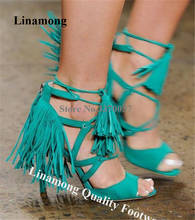 Linamong Charming Peep Toe Suede Leather Stiletto Heel Tassels Gladiator Sandals Straps Cross Fringes High Heel Sandals 2024 - buy cheap