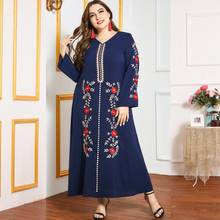 DOIB Women Navy Blue Muslim Abya Dress Plus Size Emboridery V Neck Full Sleeve Long Dress 2020 Autumn Maxi Dress 2024 - buy cheap